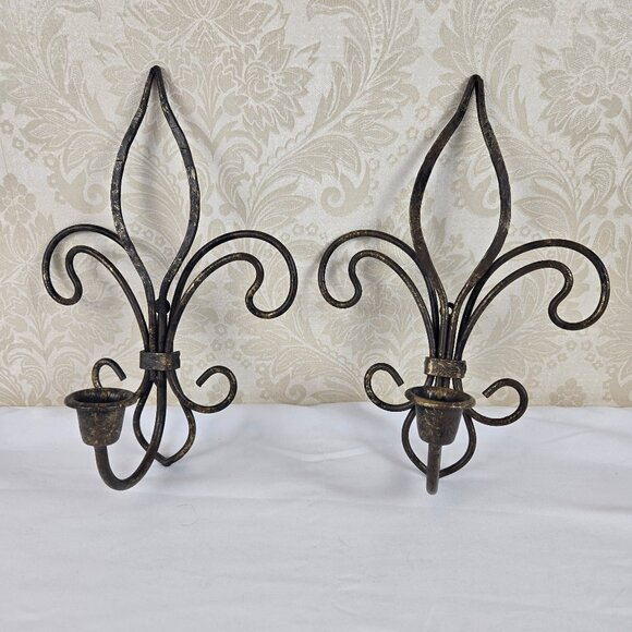 Pair of Metal Fleur de Lis Sconces Wall Hanging Black Gold Hilights Taper Candle - Picture 2 of 10